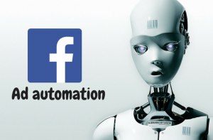 Facebook logo with Ad Automation text next to a white futuristic robot head