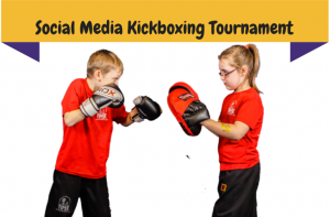 Two young children training in kickboxing under a banner reading Social Media Kickboxing Tournament