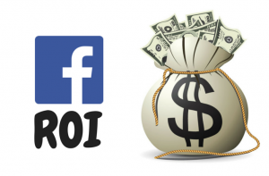 Facebook logo with ROI text next to a sack overflowing with US dollar bills