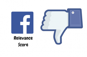 Facebook logo next to a blue thumbs-down icon with Relevance Score text
