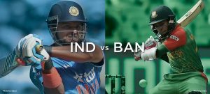 Split-screen image of Indian and Bangladeshi cricketers batting, labeled IND vs BAN.