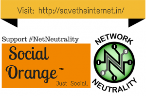 SocialOrange advocacy graphic displaying a Net Neutrality badge and support for Save the Internet.