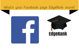 Facebook logo next to a graduation cap promoting EdgeRank scoring for pages