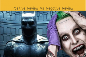Comparison graphic contrasting Batman and the Joker to illustrate positive versus negative reviews
