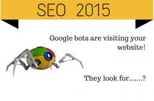 Graphic with a Google robot spider explaining what search crawlers look for in 2015