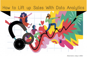 Illustration of people climbing an analytics growth chart under the headline Lift up Sales