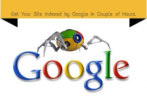 Graphic about quick Google indexing featuring a colorful robot spider on the Google logo