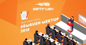 Illustration of a speaker at a podium presenting at the SEMrush Meetup 2018