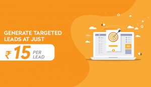 Lead generation graphic on an orange background promoting targeted leads at fifteen rupees each.