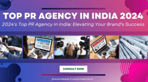 Banner for top PR agency in India 2024 with photos of press conferences and media