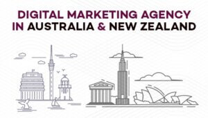 Banner for digital marketing in Australia and New Zealand featuring iconic skyline line art