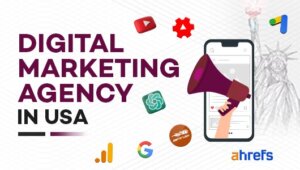 Promotional graphic for digital marketing services in the USA with marketing tools logos