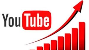 YouTube logo with an upward-trending red bar chart indicating channel growth