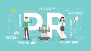 Public relations illustration of creative professionals collaborating around giant PR letters