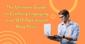 Man with glasses using a laptop against an orange background with SEO guide text