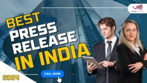 Best Press Release in India 2024 banner with professional business partners and skyscrapers