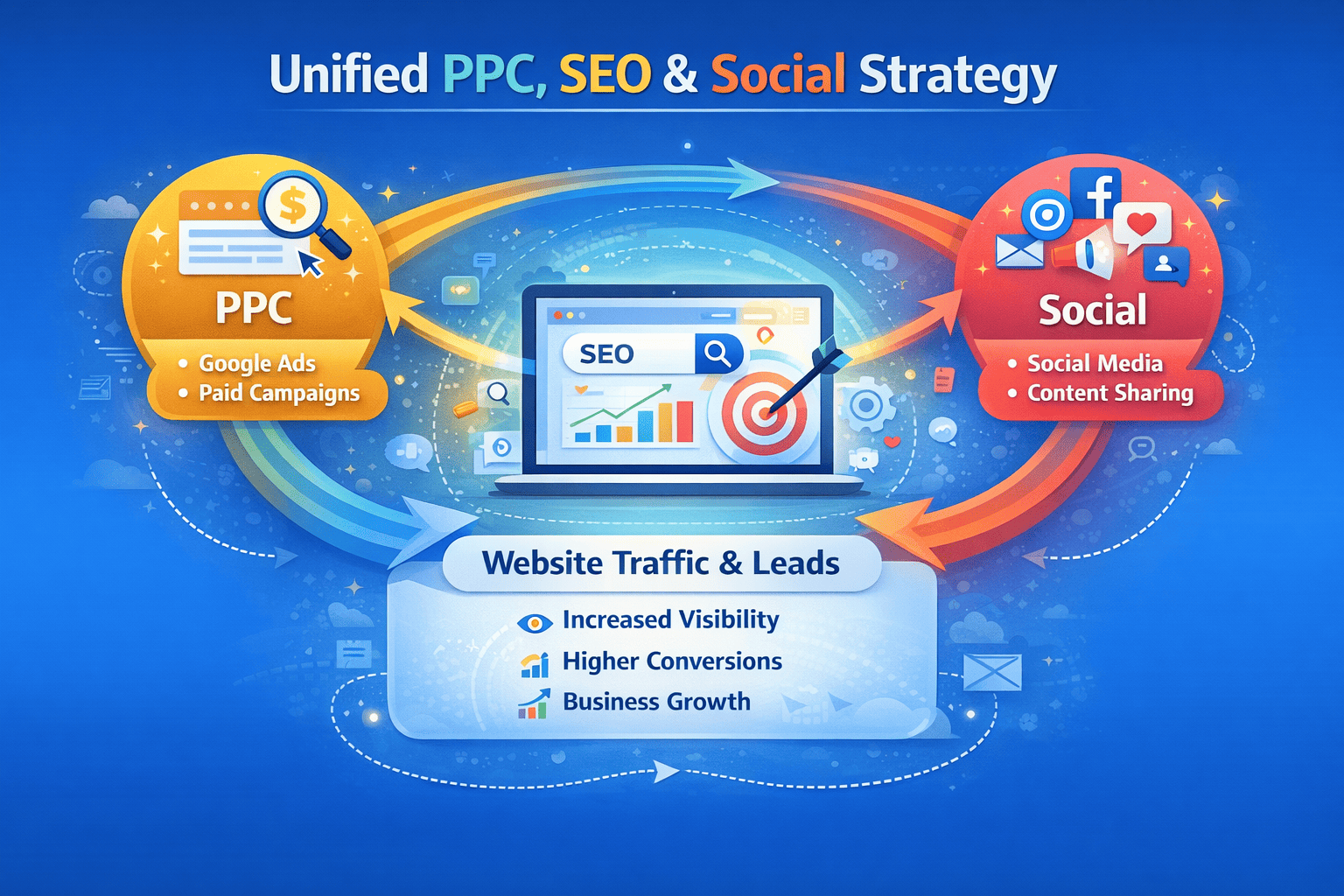 Visualization tying PPC, SEO, and Social together in a unified flow chart.