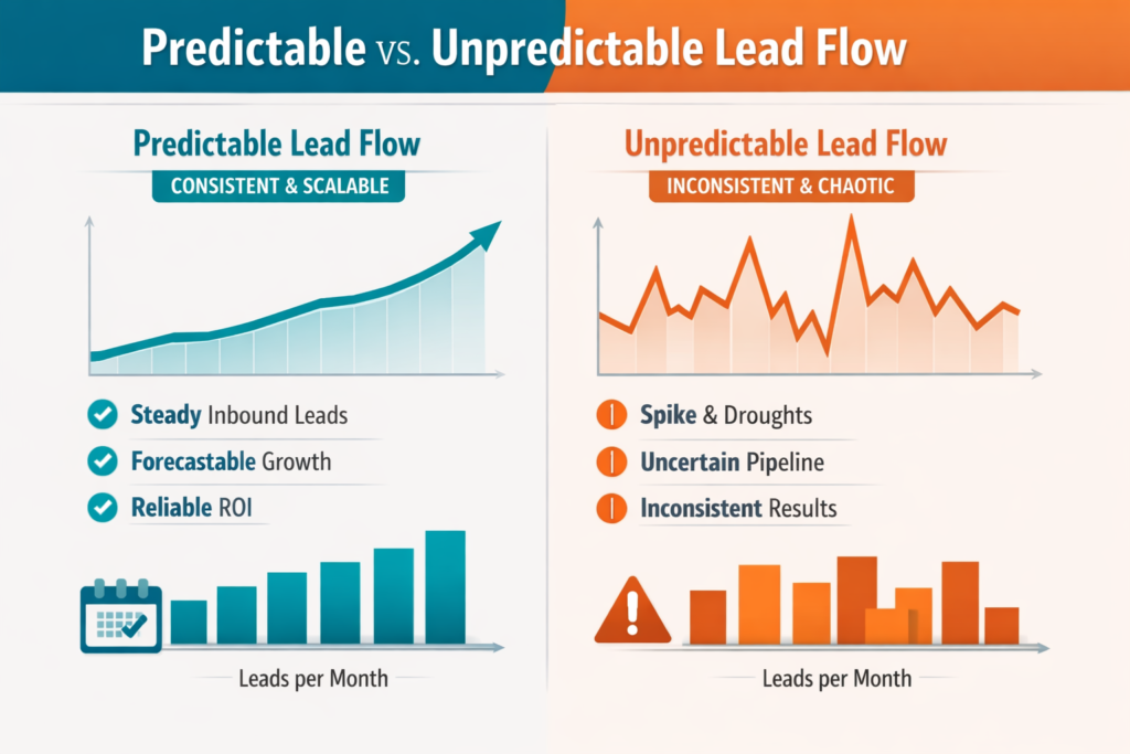 Predictable lead flow visualization showing consistent growth compared to guesswork spikes.
