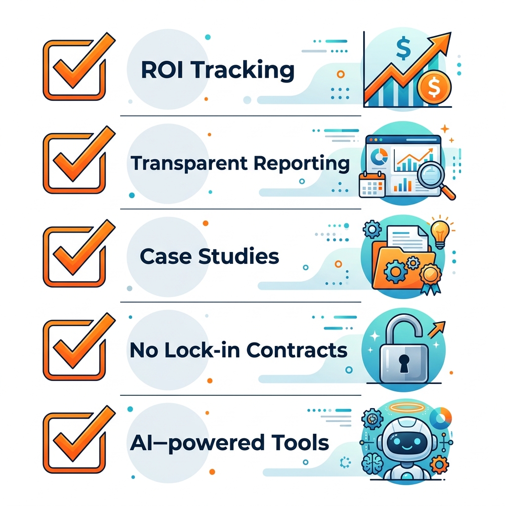 Checklist infographic showing five key criteria for choosing a digital marketing agency