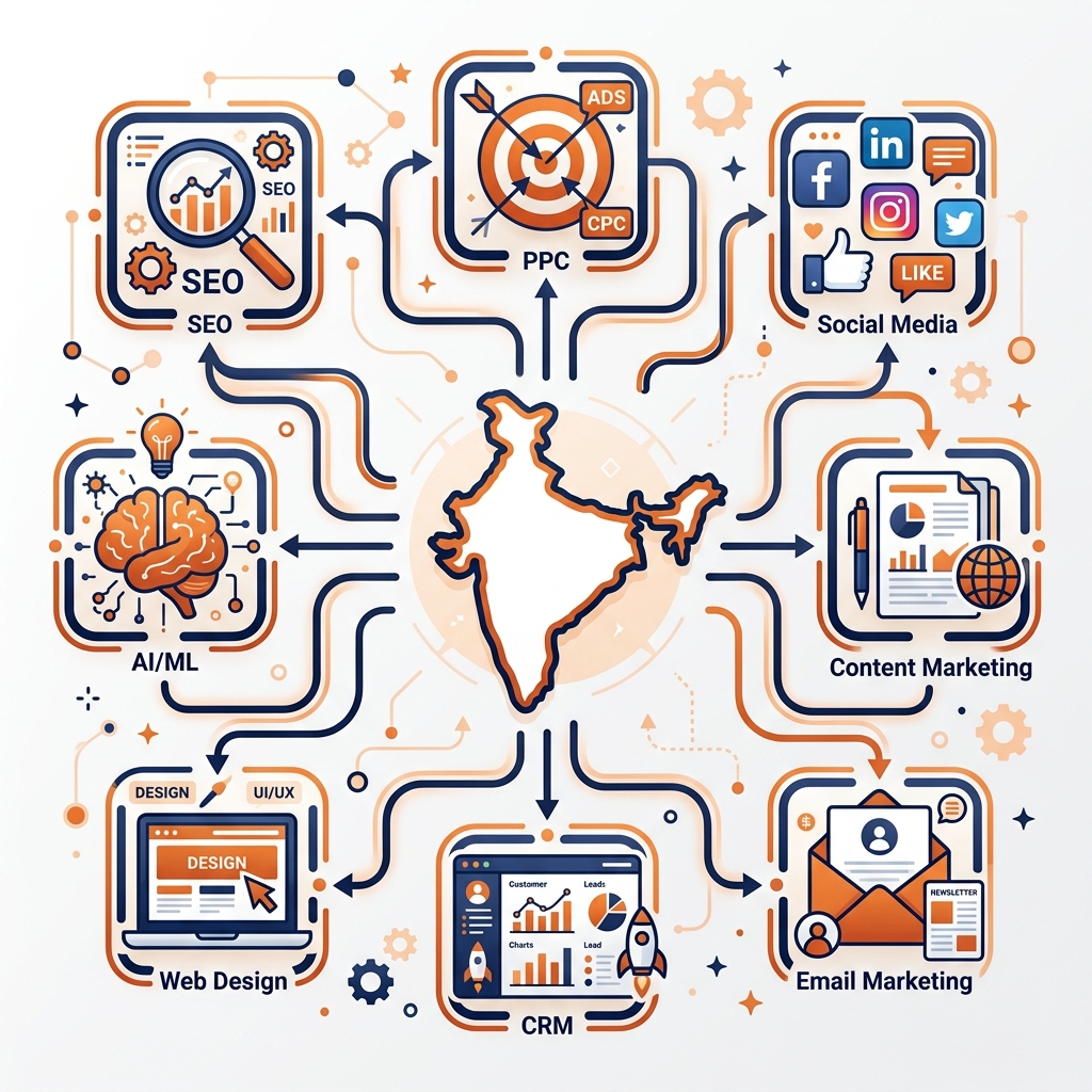 Complete guide to digital marketing services in India showing SEO, PPC, social media, content, CRM, and AI-powered marketing