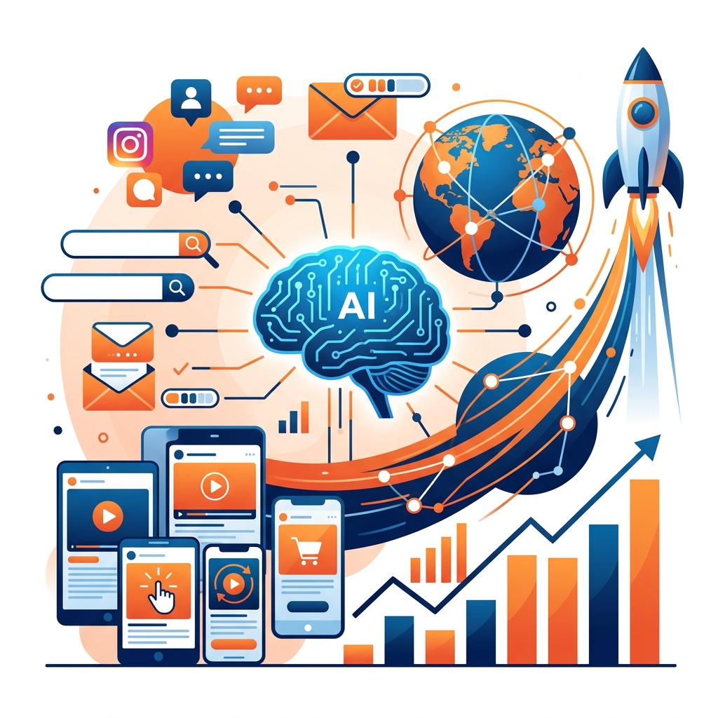 Illustration of 2026 digital marketing trends including AI-powered marketing, mobile advertising, and data-driven growth strategies