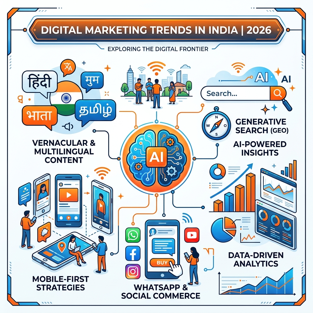 Digital marketing trends in India for 2026 including AI automation, vernacular marketing, and generative search optimization