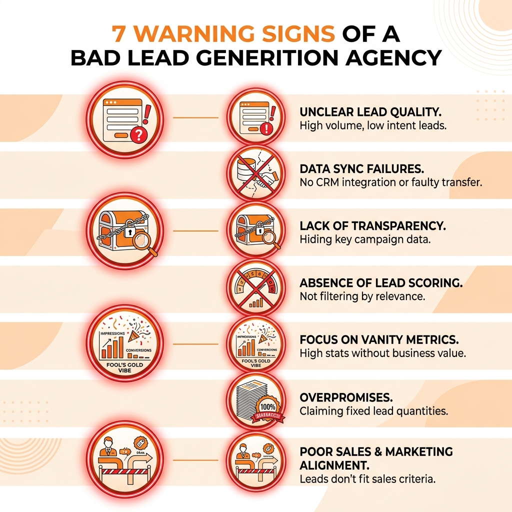 Infographic showing seven warning signs that your lead generation agency is wasting your marketing budget