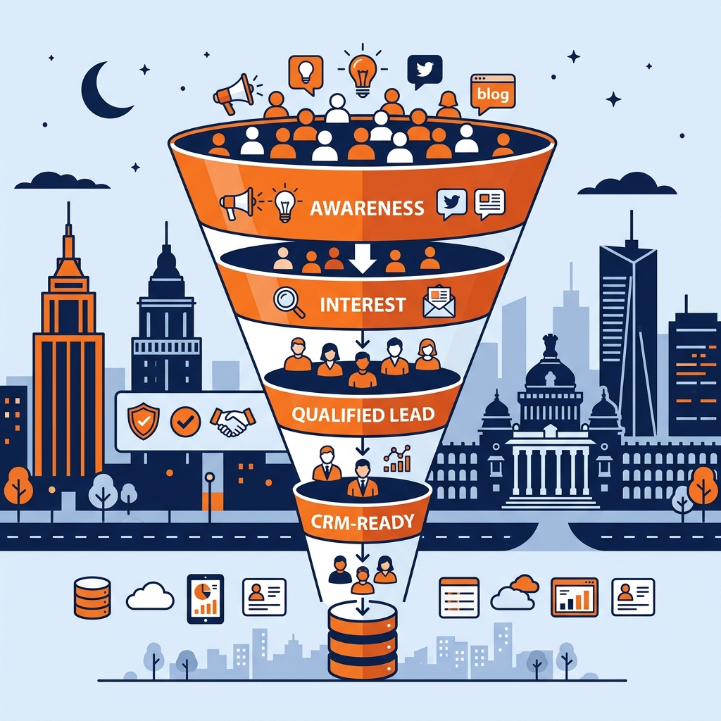 Lead generation funnel showing how Bangalore agencies convert prospects into qualified CRM-ready leads