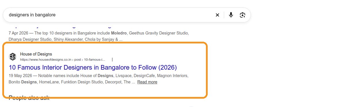 House of Designs ranks #4 on Google for designers in bangalore