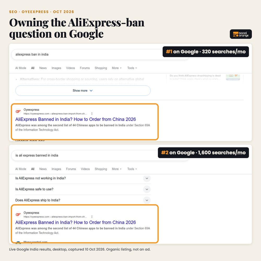 OyeExpress SEO results on Google