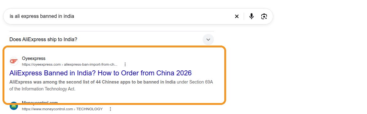 OyeExpress ranks #2 on Google for is ali express banned in india