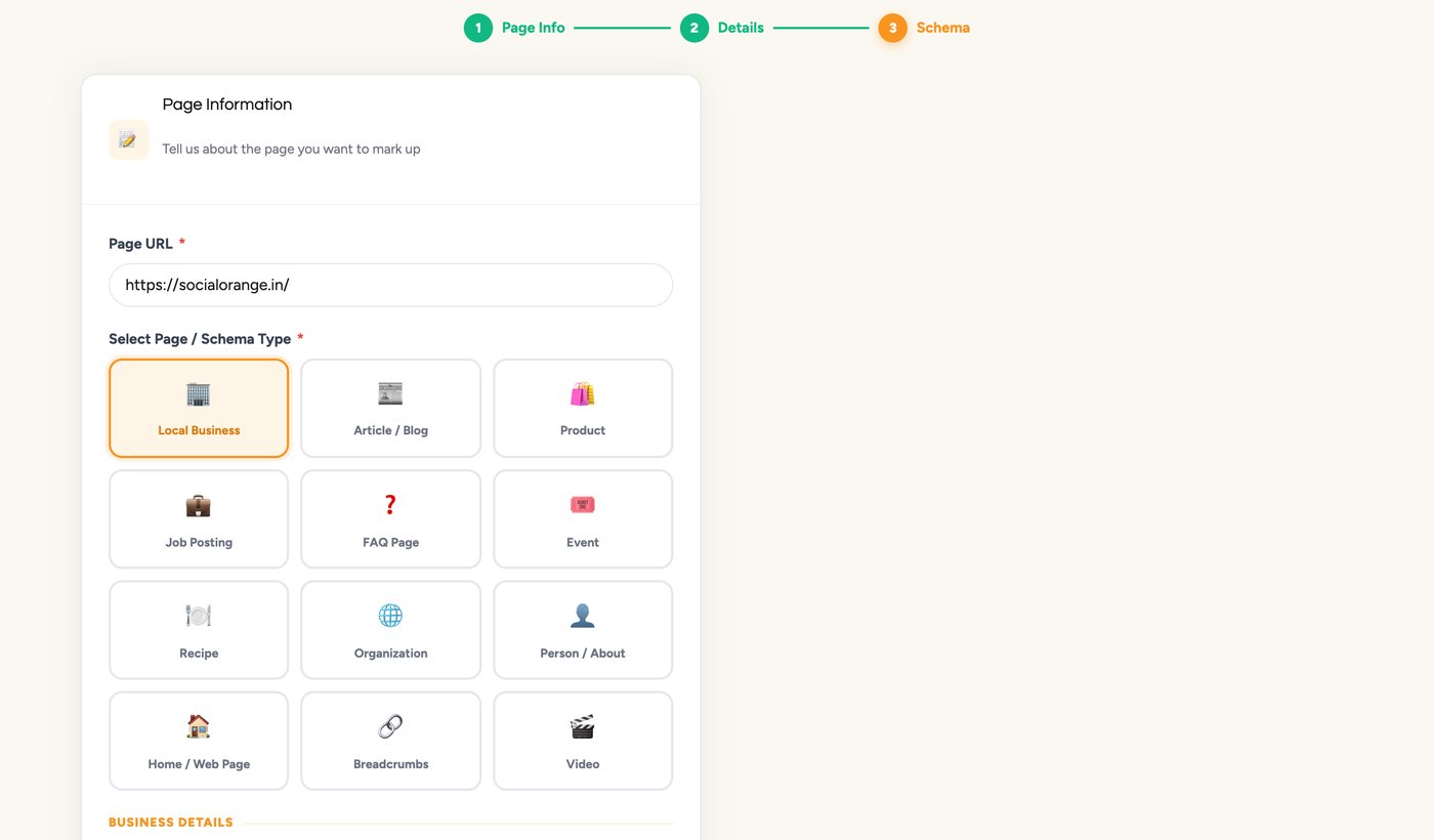 SocialOrange free Google schema markup generator: pick a page type and fill in the details