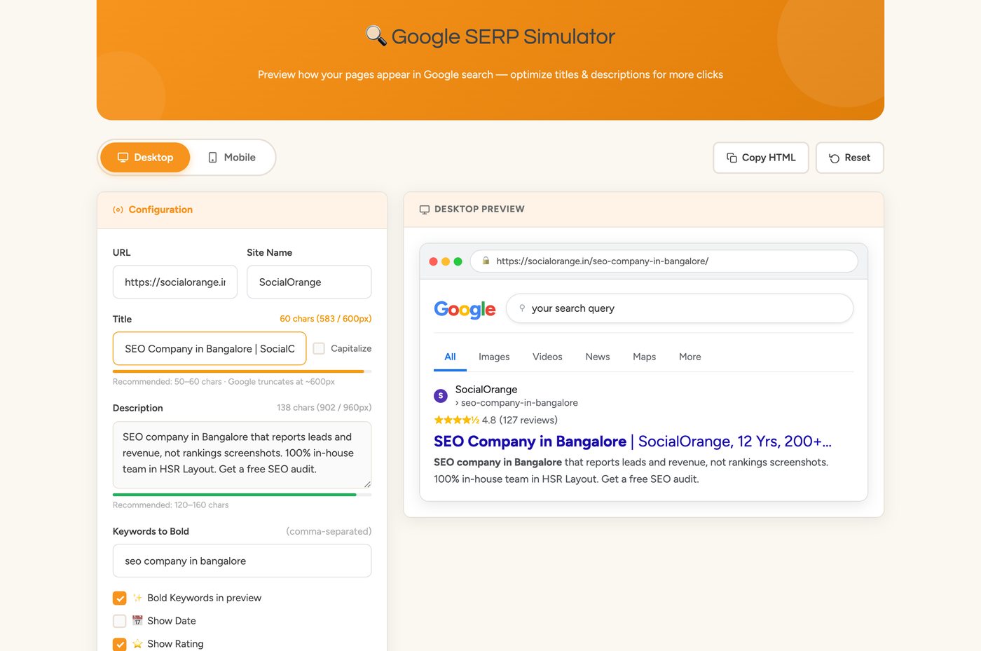 Google SERP simulator showing a desktop search result preview